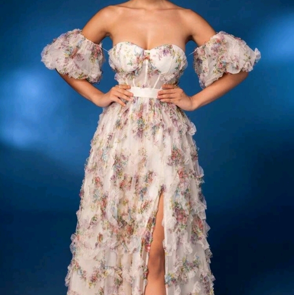 Elegant Off-Shoulder Detachable Puff Sleeve Floral Mesh Gown Elegant Dress - Picture 2 of 7